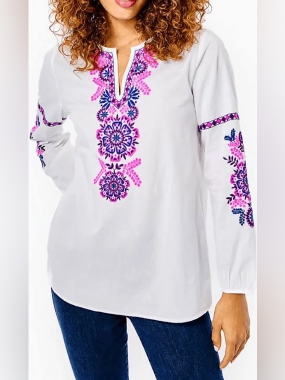 Lilly Pulitzer Coretta Resort White Tunic Pink & Blue Embroidery 100% cotton L